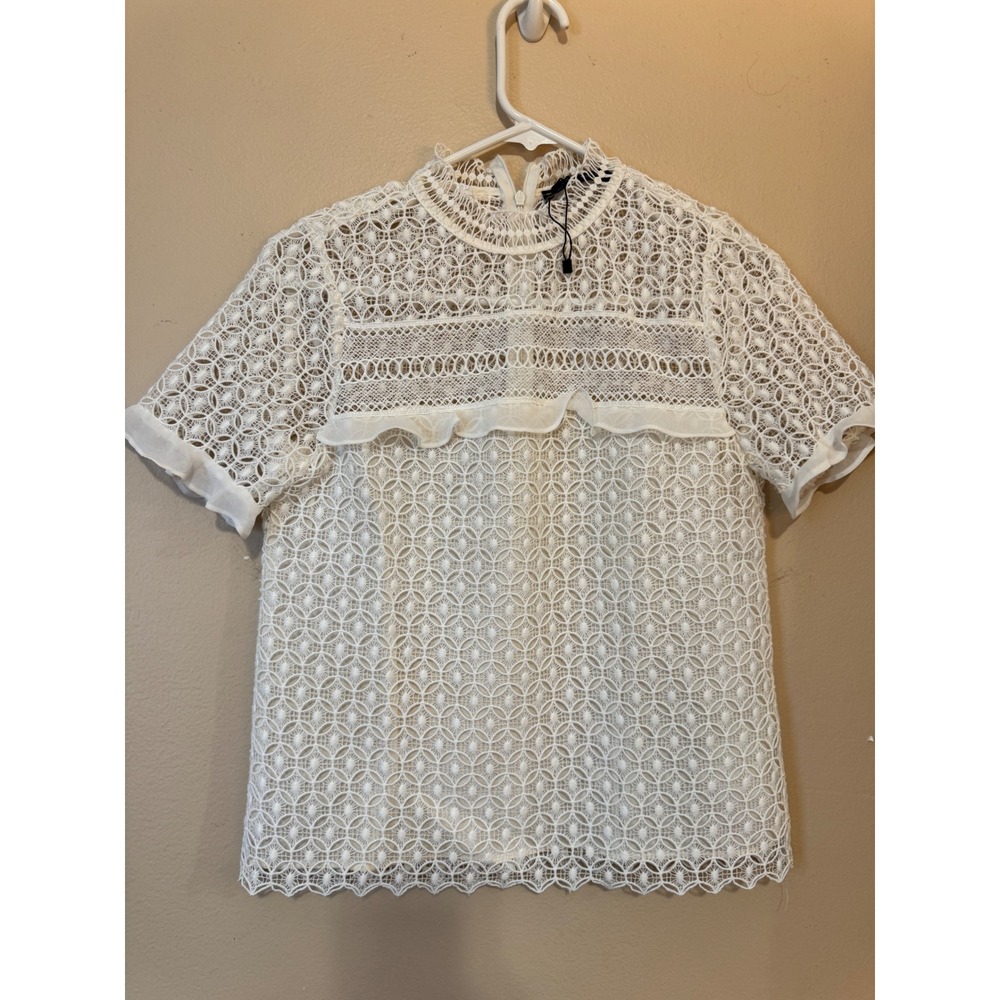 Zara Woman White Geometric Lace Ruffle High Neck Short Sleeve Top XS